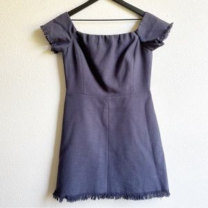 Rebecca Taylor Blue Raw Fringe Hem Off Shoulder Tweed Dress Size 8